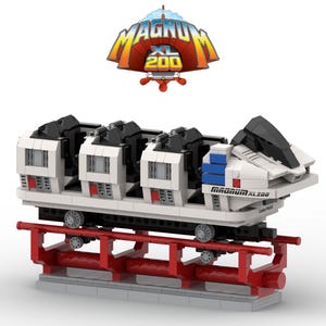 May include: A model of a roller coaster train with the text "MAGNUM XL 200" above it. The train is white with black and blue accents, and sits on a red track. The model is made of interlocking blocks.