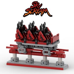 May include: A brick-built model of a roller coaster car featuring red and black seating, grey wheel assemblies, and a red track section. Above the model, the text Sky Scream is displayed in a stylised black and orange font on a white background.