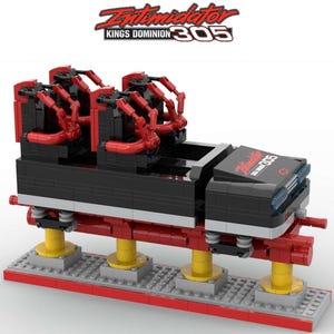May include: A black and red Lego model of the Intimidator 305 roller coaster at Kings Dominion amusement park. The model features a train with four red seats and a black track.