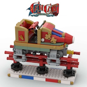 May include: A red, gold, and green LEGO model of a roller coaster car with the text "EUROSAT FANTASY COASTER" above it.