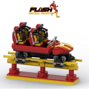 May include: A red and yellow Lego roller coaster model with the text "The Flash Vertical Velocity" and a graphic of The Flash. The coaster has black seats and wheels, and is supported by yellow and red beams.