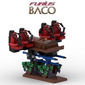 May include: A Lego model of a roller coaster with the text "FURIUS BACO" at the top. The coaster features red seats, a brown car, and a blue track. The base includes green leaves and purple grapes.
