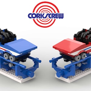 May include: A Lego model of a roller coaster train with two cars, one blue and one red, with the words "CORKSCREW" printed on the side. The train is on a blue track.