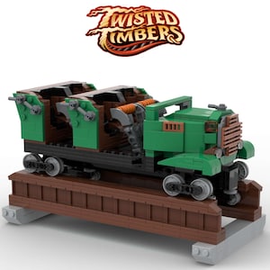 Könnte beinhalten: Ein grünes und braunes Lego-Modell eines Wagens mit der Aufschrift "Twisted Timbers" oben.