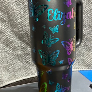 Butterflies in the air - Spring is here - Personalized 40 oz Rainbow Tumbler Cup Full Wrap Laser Engraved Stanley Type Tumbler