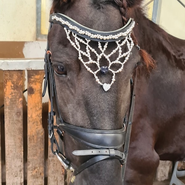 BANDEAU Frontal perle argent cheval coeur royal exclusif paillettes strass bride de spectacle VB / COB 40 cm