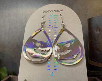 Holographic T-Rex Fossil Earrings: Faux Leather Dinosaur Jewelry