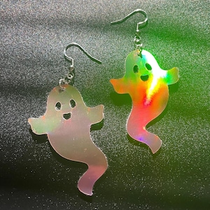 Holographic Faux Leather Ghost Lightweight Dangle Earrings, Summerween Gift for Goths and Ghost Hunters, Spooky Cute, Kawaii Horror Jewelry