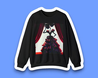 May include: Black sweatshirt with a graphic print of a woman in a red and black dress standing in front of a red curtain.