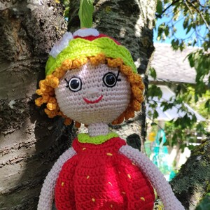 Peut inclure: Une poupée en crochet portant un costume de fraise rouge et vert avec des accents jaunes. La poupée a un visage rose avec des yeux noirs et un sourire. La poupée est debout sur une branche d'arbre.