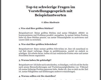 May include: A page from a book titled "Top 62 Difficult Questions in a Job Interview with Sample Answers". The page features a list of common interview questions and sample answers. The questions are in German.