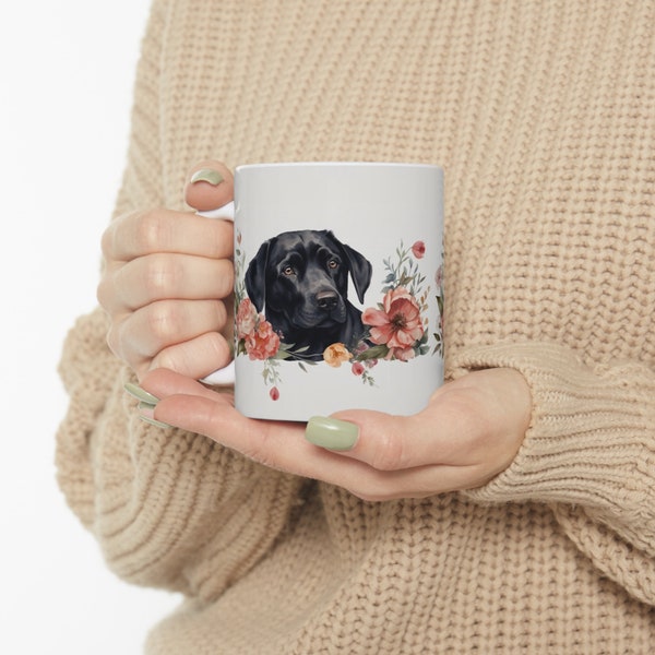 Black Dog Mug / Labrador Mug / Floral Dog Mug / Cute Coffee Tea Mug