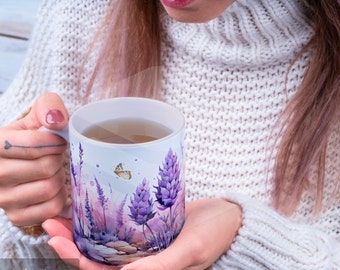 Keramiktasse lila Blumen und Schmetterling