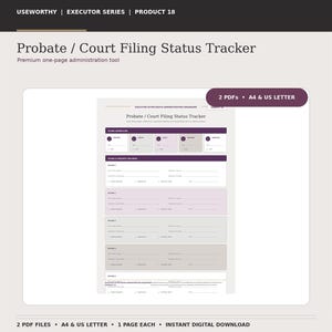 Probate Filing Status Tracker Printable, Executor Court Document Organizer, A4 & US Letter