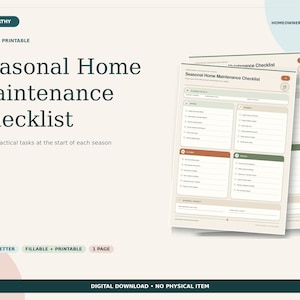 Op de afbeelding: Een digitale checklist voor seizoensgebonden woningonderhoud met secties voor taken in de lente, zomer, herfst en winter. De lay-out bevat selectievakjes en lijnen voor notities in een strak en georganiseerd ontwerp.