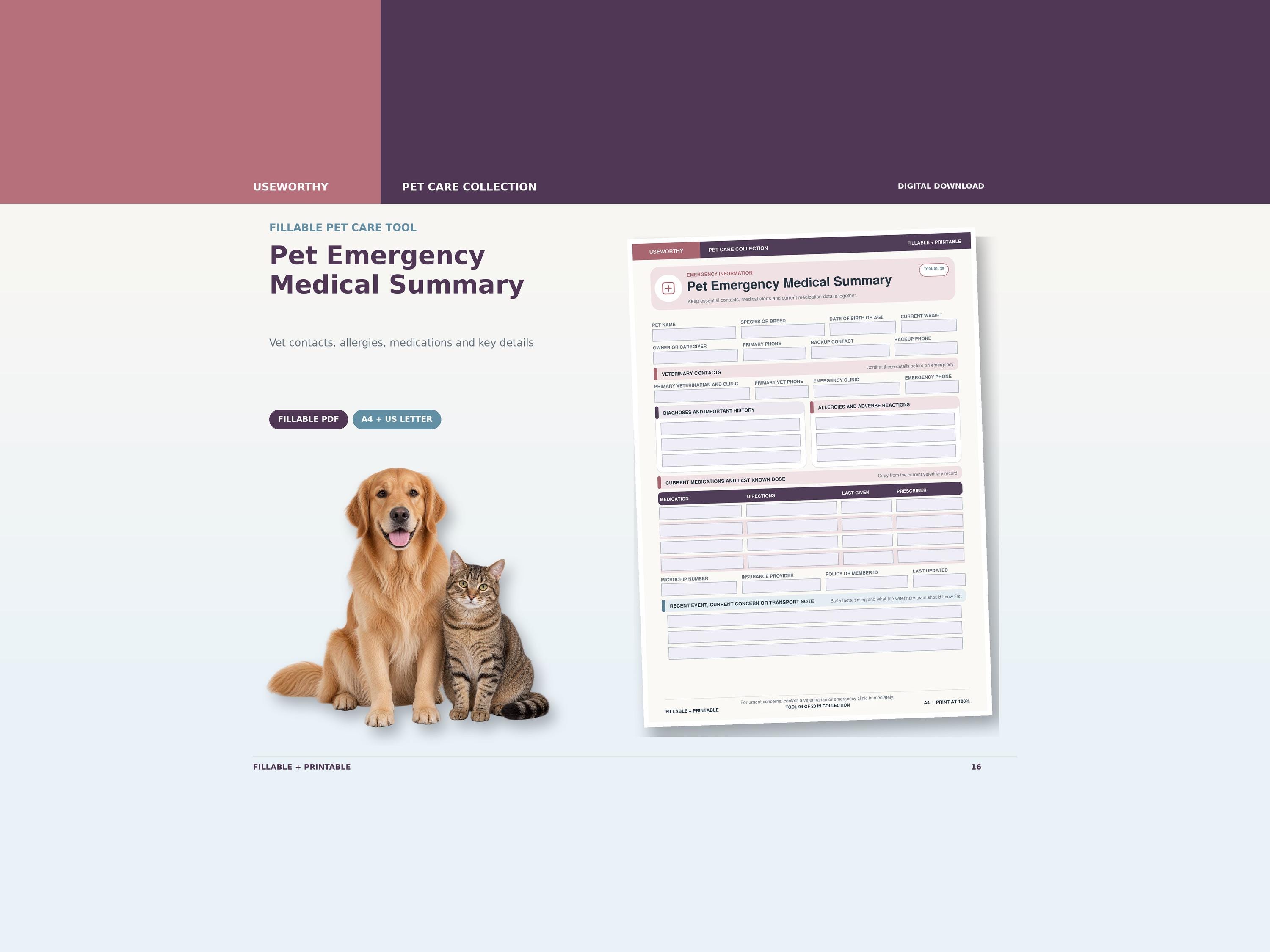 Pet Emergency Card and Medical Summary: Vet Contacts, Allergies and Medications