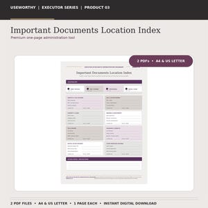 Wichtige Dokumente zum Ausdrucken, Nachlassdokumente-Index (PDF, A4 & US Letter)
