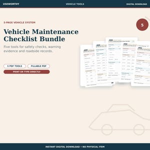 Könnte beinhalten: Ein 5-seitiges Fahrzeugwartungs-Checklisten-Paket mit fünf ausfüllbaren PDF-Tools für Sicherheitsüberprüfungen, Warnhinweise und Pannendokumentationen, inklusive Textüberschriften, strukturierten Tabellen und einer Auto-Grafik.