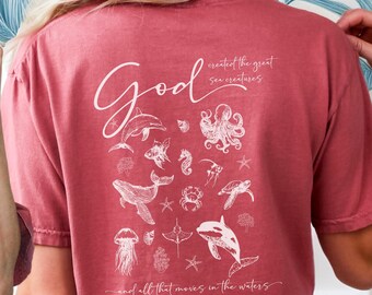 Sea Creatures Fatih-Based Tshirt with Bible Verse, Cute Religious Graphic Top for Church, Christian Ocean-Themed Tee,  Vintage-Style T-Shirt