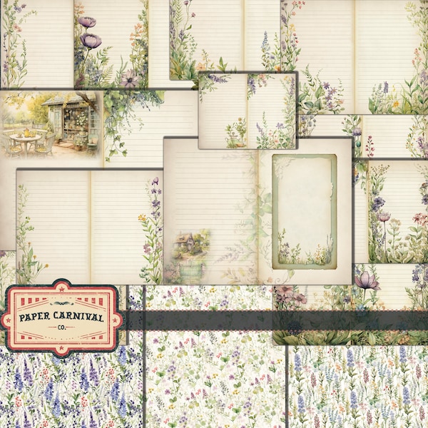 Wildflower Cottage Garden Journaling Kit - Printable Pages, Ephemera, Greens, Pinks, Purples