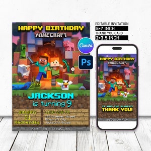 Minecraft verjaardagsuitnodiging cadeaus voor jongens Minecrafter feest afdrukbare Minecraft verjaardagsfeestje uitnodiging canva gamer uitnodigingskaart