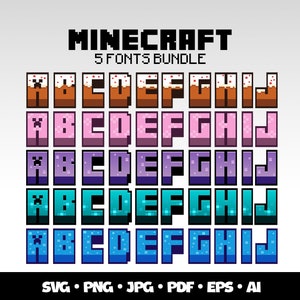 Minecraft 5 lettertypen Svg bundel Minecraft alfabet afdrukbare Minecraft gamer cadeau gepersonaliseerde verjaardag Minecraft cadeaus voor jongens gamer partij