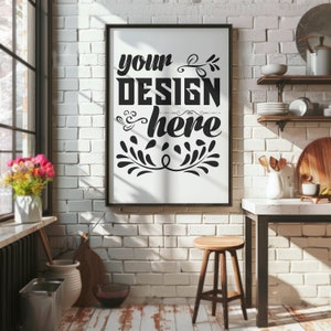 PSD Frame Mockup Din A Ratio Rustic Kitchen Interior Mockup Frame For Wall Art PSD Mockup Artwork Display Frame Template Poster Mockup Print