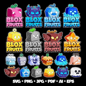 64 Blox Fruits SVG Bundle Roblox Gaming Clipart Pirate Ninja Roblox SVG Blox Fruit Birthday Printable Cake Roblox Cricut Game Fruits PNG