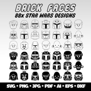 Paquete de 88 caras de ladrillo SVG, juguetes para niños, Star Wars SVG, ladrillos de construcción, Dark Vader SVG, Storm Trooper, Star Wars, cabezas de ladrillo, paquete de Cricut vectorial