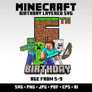Paquete SVG de cumpleaños de Minecraft Regalo de Minecraft para jugadores Decoración de fiesta de Minecraft Camiseta de juego Minecraft Svg en capas Cumpleaños de jugador Digital