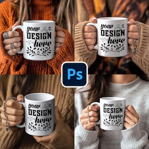 Mug PSD Mockup Bundle Woman Holding Coffee 11oz Mug Mockup PSD Coffee White Mug Mock Up Photoshop 11oz Sublimation Mug Coffee PSD Bundle