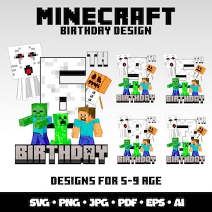 Minecraft verjaardag SVG bundel Minecraft cadeau voor gamers Digitale download Minecraft Creeper Gaming Shirt PNG Clipart Minecraft-personages