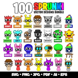 Paquete de 100 personajes de Sprunki Svg Sprunki Beats Gaming Clipart SVG en capas Cumpleaños de jugador Incredibox Sprunki Png Clipart