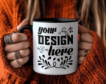 Mug Mockup PSD Woman Holding Two-Tone Coffee Accent Mug Mockup PSD Coffee Accent Mug Mockup Two Tone Mug Mockup Sublimation 11 oz Mug Mockup