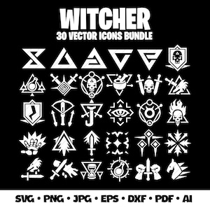 Paquete de vectores de Witcher Svg, imágenes prediseñadas de juegos de Witcher, logotipo de Witcher, medallón, silueta SVG, iconos de Witcher, símbolos vectoriales