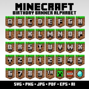 Minecraft verjaardag banner partij lettertype Svg bundel Minecraft gamer verjaardag bunting partij decoratie gelukkige verjaardag Minecraft alfabet lettertype