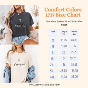 以下が含まれることがあります： Comfort Colors 1717のサイズチャート。Sから4XLまでのサイズに対応する長さと幅がインチ単位で記載された表です。画像には、M Relax Fitと記されたチャコールグレーのTシャツと、XL Oversizedと記されたクリーム色のTシャツ、およびテキストが含まれています。