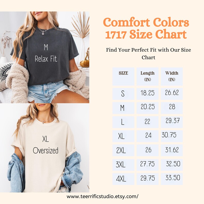 以下が含まれることがあります： Comfort Colors 1717のサイズチャート。Sから4XLまでのサイズに対応する長さと幅がインチ単位で記載された表です。画像には、M Relax Fitと記されたチャコールグレーのTシャツと、XL Oversizedと記されたクリーム色のTシャツ、およびテキストが含まれています。