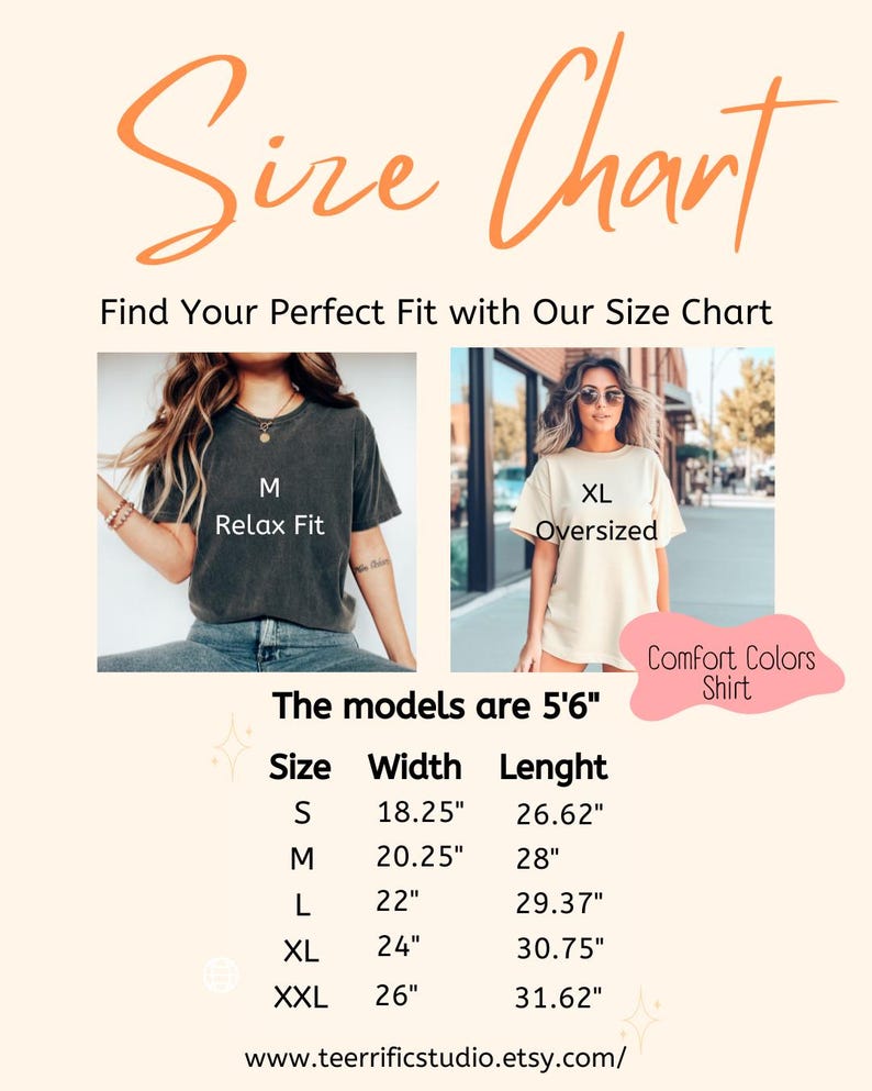 Puede incluir: Tabla de tallas para una camiseta con medidas en pulgadas. La tabla muestra el ancho y la longitud de la camiseta en las tallas S, M, L, XL y XXL. Las modelos miden 1,68 m. El texto "Comfort Colors Shirt" es visible en la esquina inferior derecha.
