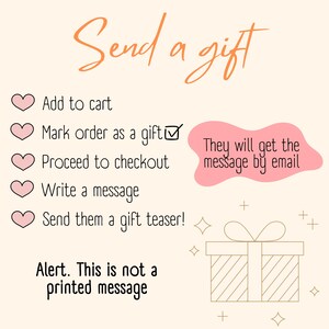 Puede incluir: Una ilustraci&oacute;n rosa y blanca con una caja de regalo y corazones. El texto dice "Enviar un regalo" e incluye instrucciones sobre c&oacute;mo enviar un regalo por correo electr&oacute;nico. El texto tambi&eacute;n dice "Alerta. Este no es un mensaje impreso."