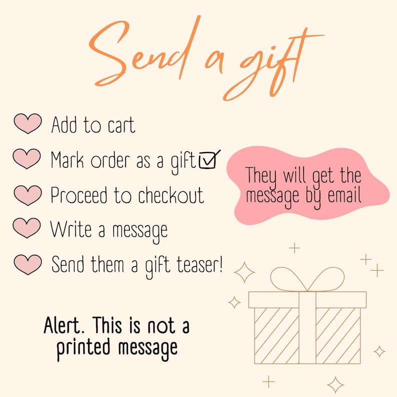 Puede incluir: Una ilustraci&oacute;n rosa y blanca con una caja de regalo y corazones. El texto dice "Enviar un regalo" e incluye instrucciones sobre c&oacute;mo enviar un regalo por correo electr&oacute;nico. El texto tambi&eacute;n dice "Alerta. Este no es un mensaje impreso."