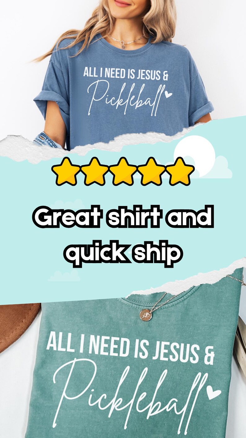 Puede incluir: Una camiseta azul y verde con el texto "ALL I NEED IS JESUS & Pickleball" en blanco. La camiseta tiene un aspecto desgastado y un s&iacute;mbolo de coraz&oacute;n al lado de la palabra "Pickleball".