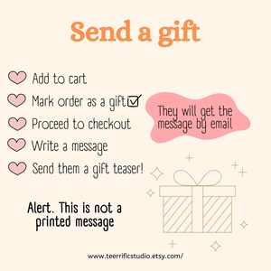 以下が含まれることがあります： Send a giftというタイトルの説明用グラフィック。Add to cart、Mark order as a gift、Proceed to checkout、Write a message、Send them a gift teaserという手順がリストされています。ピンクの図形には、メッセージがメールで届くことが記載されています。