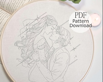 Feyre and Rhysand Embroidery Pattern, ACOTAR Embroidery design, Night Court Embroidery Design, Hand Embroidery for Begginers, Fantasy Decor