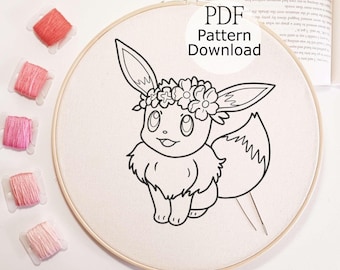 Patrón de bordado floral de Eevee, anime japonés para principiantes (patrón PDF)