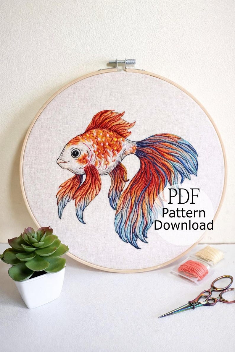 Cute Fish Embroidery Pattern, Gold Fish Embroidery Design, Hand ...