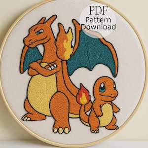 Charizard and Charmander Embroidery, Pokemon Embroidery Pattern, Japanese Embroidery, Hand Embroidery Anime, Hand Embroidery for Beginner