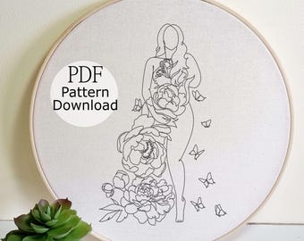 Broderimönster med blommig dam, feministisk design, bohemisk PDF-design, handbroderi för nybörjare, gör-det-själv-broderi, enkel broderi-PDF