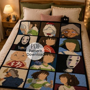 May include: A crochet blanket featuring a grid of twelve square panels, each displaying a different character illustration from the film Spirited Away. The blanket has a black border and includes a circular overlay text that reads PDF Pattern Download.