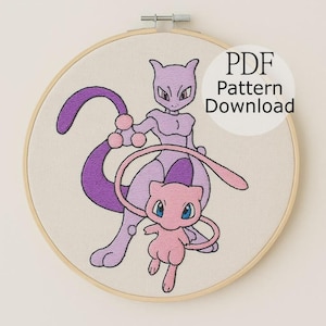 Mew and Mewtwo Embroidery Pattern, Anime Design (PDF Pattern)